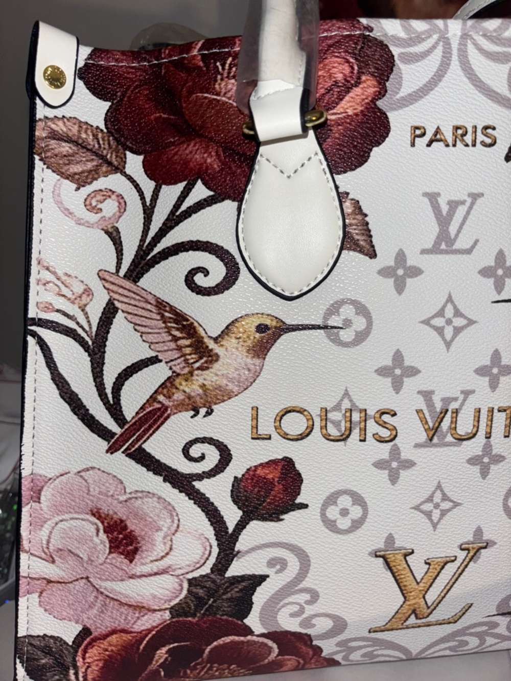 Inspired ) Louis Vuitton White Floral Hummingbird Satchel with Burgundy Accents - Picture 3 of 8